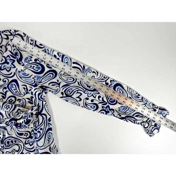 Talbots Shirt Womens Large Blue White Paisley Print Ruffle Button Up Cotton Top - Picture 12 of 14